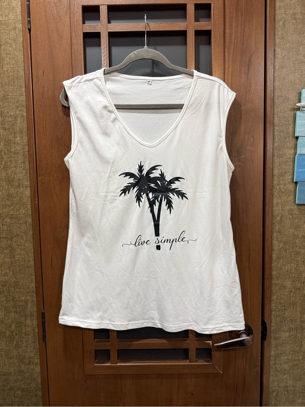 White V-Neck Tank with Black Palm Graphic